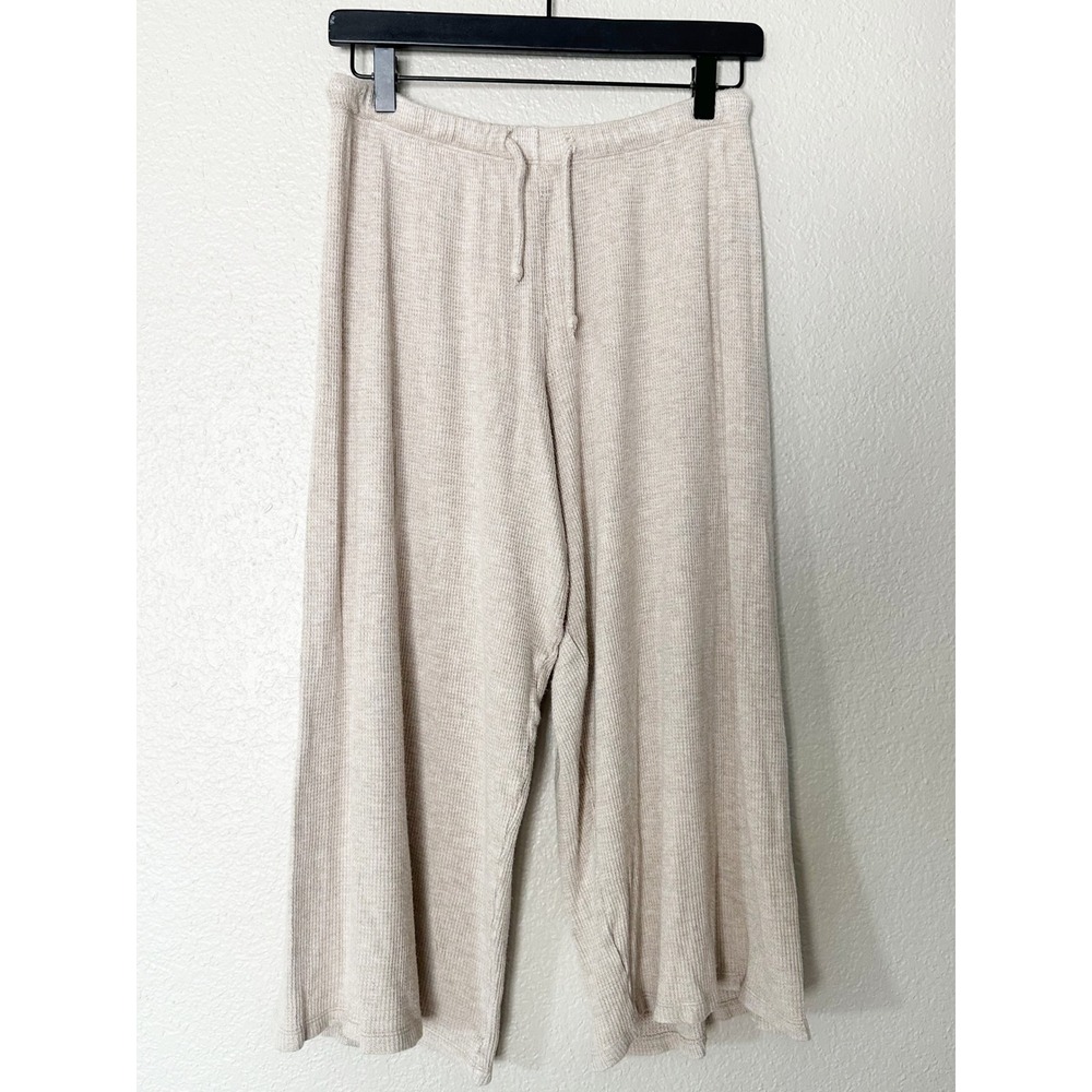 Leset Waffle Knit Lounge Set Oatmeal Beige Long Sleeve Top Wide Leg Pants Small - Picture 7 of 16